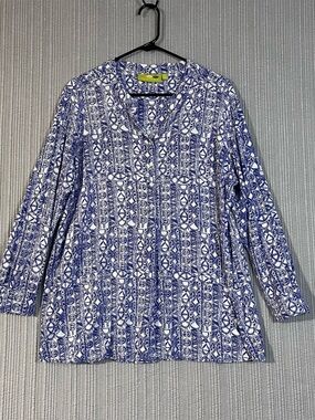 Rock Flower Paper Tunic Top Hippie Womens XL Blue White Geometric Bohemian